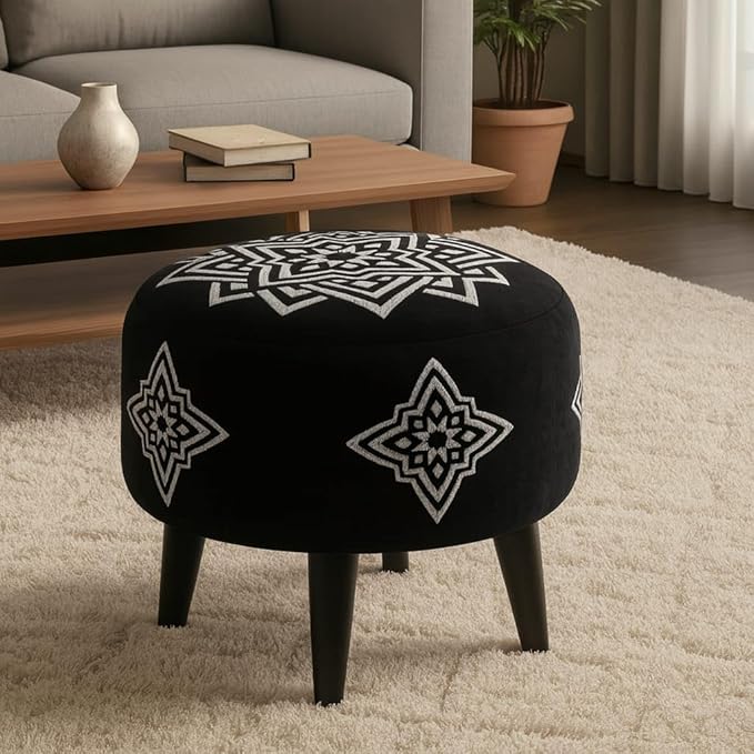 Jaico Round Ottoman Stool with Wooden Legs | Decorative Printed Pouf Footrest for Living Room, Office & Dressing Table | Multipurpose Accent Seating Furniture for Home Decor | (Star-Black)