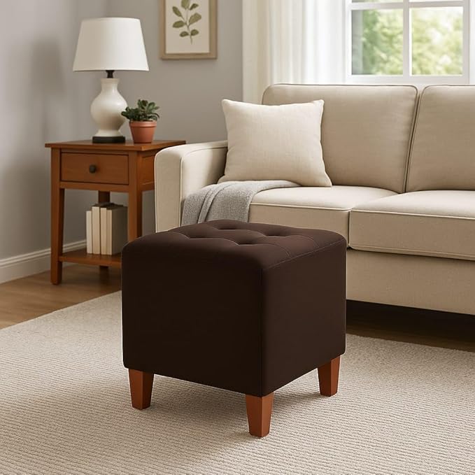 Jaico Square Ottoman Stool – Tufted Pouf with Solid Wooden Legs | Modern Footrest, Extra Seating & Accent Furniture for Living Room, Bedroom & Office Decor (Dark Brown)