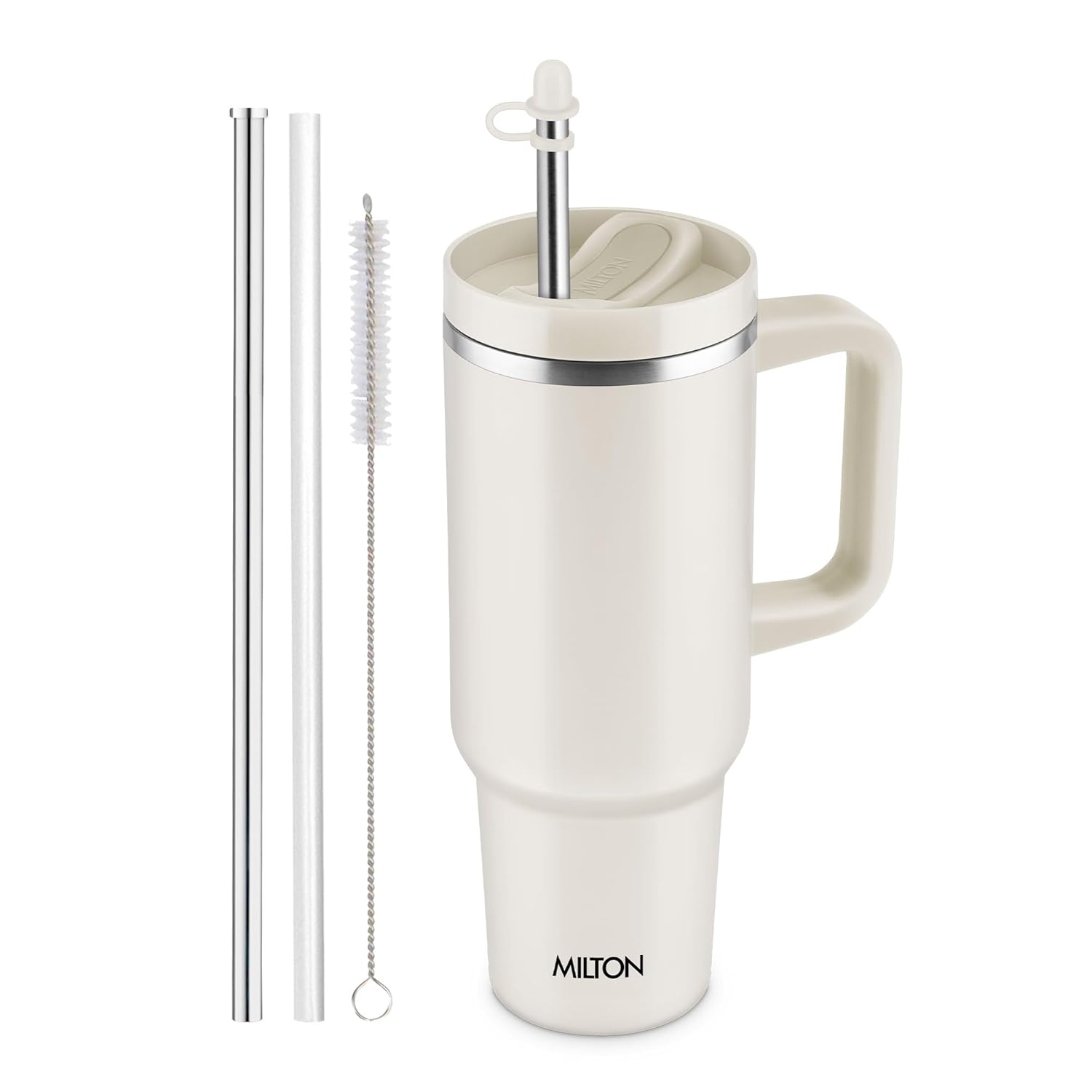 MILTON Malmo 1200 Thermosteel Double Wall Vacuum Insulated Stainless Steel Water Tumbler with Handle 1100ml,Travel Mug with Straw,Silicon Cap,Cleaning Brush,Hot & Cold Beverage Flask, Cream