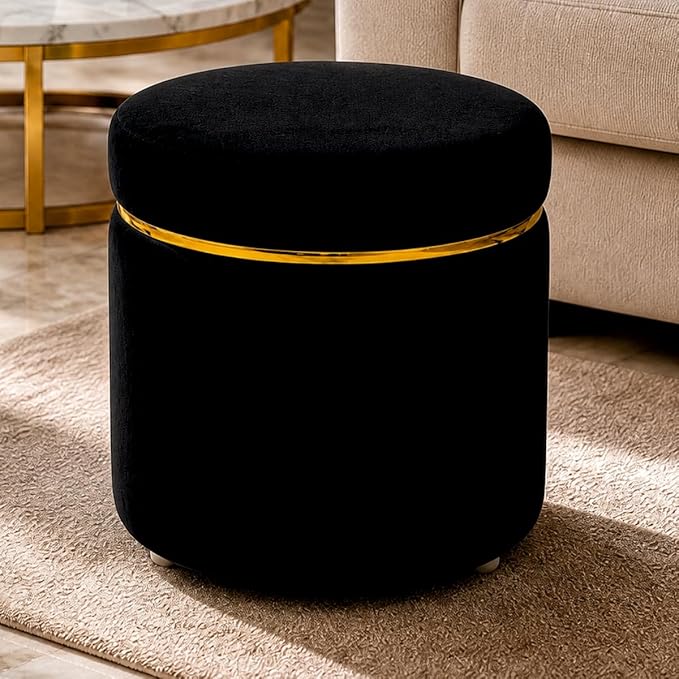 Modern Velvet Puffy Ottoman Stool for Living Room | Round Footrest Pouffe with Gold Accent Band | Soft Cushioned Seat for Dressing Table, Bedroom & Home Decor (Black)