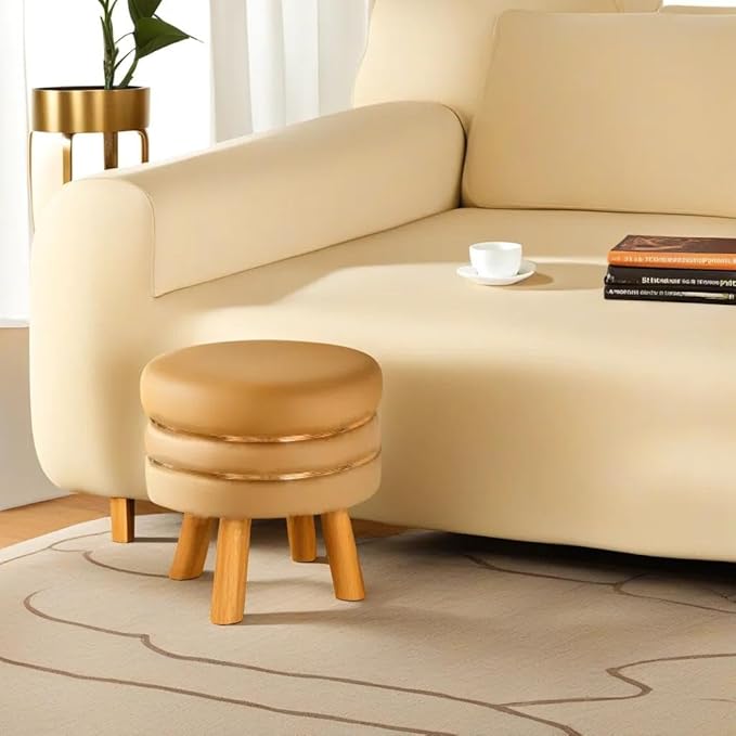 Ottoman Round Small Foot Rest Stool for Living Room Office, Small Stool Round Wooden Legs Ottoman-Beige