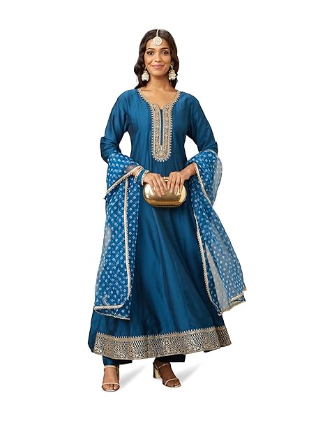 Amazon Brand - Myx Women's Embroidered Anarkali Kurta Pant Set with Organza Dupatta | A-line fit (Available in Plus Sizes)