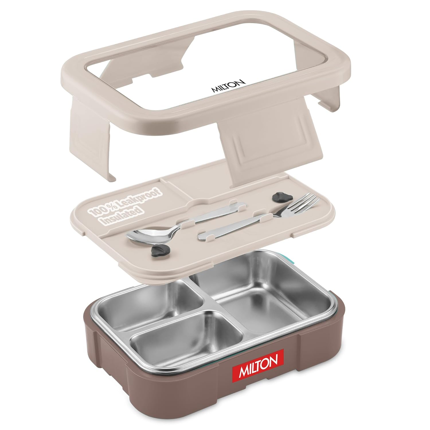 MILTON Ethan 3 Inner Stainless Steel Tiffin Box for School, 3 Partition, Steam Release Plug | PU Insulated, Leak-Proof, Food Grade I Lunch Box for Kids Boys, Girls with Snap Lock Lid, 600 ml, Taupe