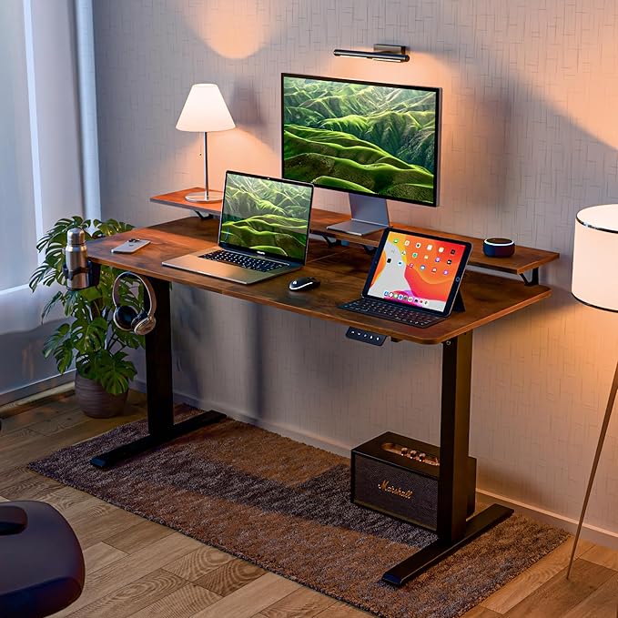 Green Soul Elevate Height Adjustable Engineered Wood Table with Monitor Riser | Integrated Organisation | Advance Memory Preset | 3 Year Warranty | Installation Provided (AntiqueWood, 1400 x 600 Top)