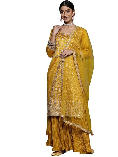 Libas Embroidered Silk Blend Straight Kurta With Sharara and Dupatta