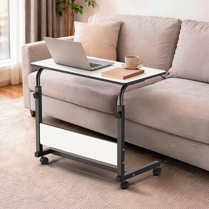Amazon Brand - Umi Wooden Multipurpose Adjustable Height Adjustable Rolling Side Table with Wheels for Home, Study, Office and Bedroom (Big Size-White)