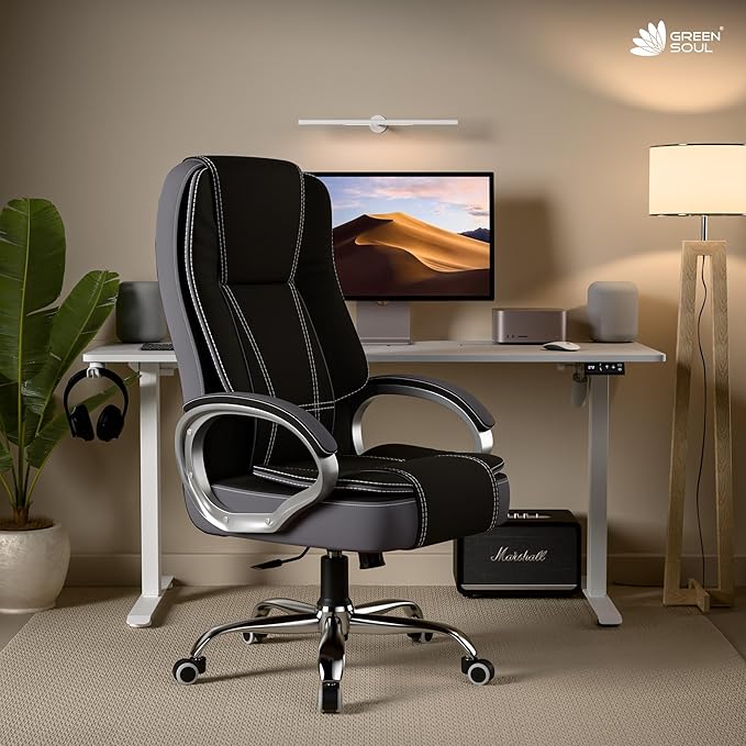 Green Soul Vienna | Fabric Office Chair | Ergonomic Executive Boss Chair with Spacious Cushioned Seat | Heavy Duty Metal Base | High Back | 3 Years Warranty (Black & Grey)