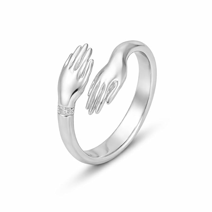 925 Sterling Silver Adjustable Hug Hands Ring for Women with White Cubic Zirconia | Hypoallergenic Open Finger Ring Design | Elegant Sterling Silver Jewellery for Everyday Wear