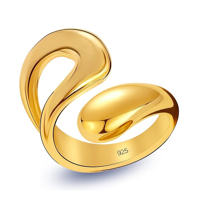 TRUESILVER ACPL 925 Sterling Silver 14K Gold-Plated Chunky Teardrop Open Adjustable Waterdrop Ring for Women