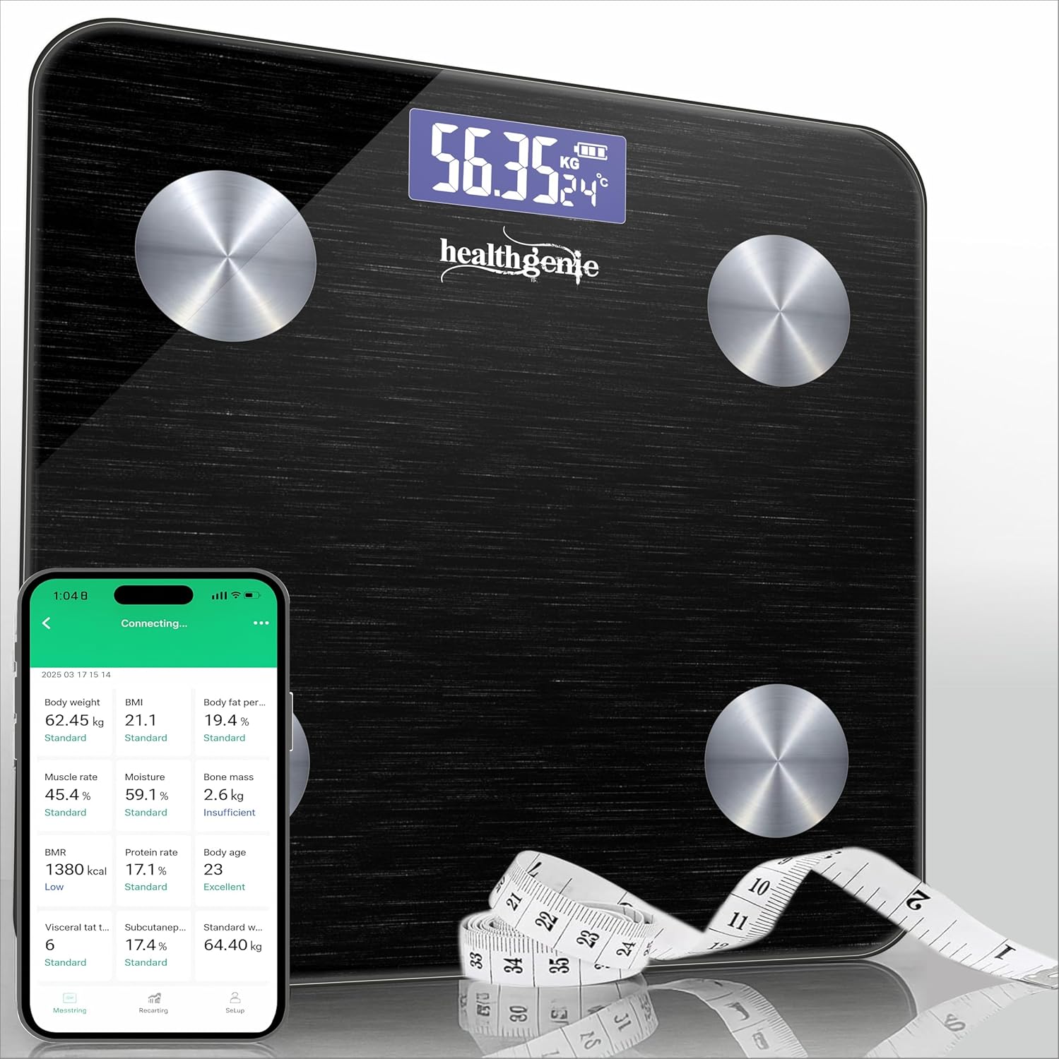 Healthgenie Advanced BMI Weight Machine,Body Fat Analyzer With Smart Circut For Longer Battery, Sync With App, 18 Body Metrics Weighing Scale (Midnight Shadow)1 YR Warranty,Free Assorted MeasuringTape