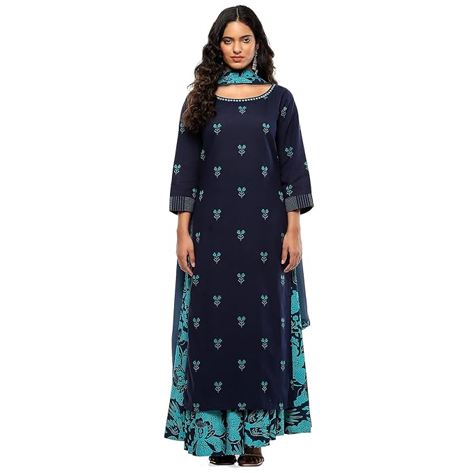 BIBA Women Cotton Yard Dyed Straight Suit Set