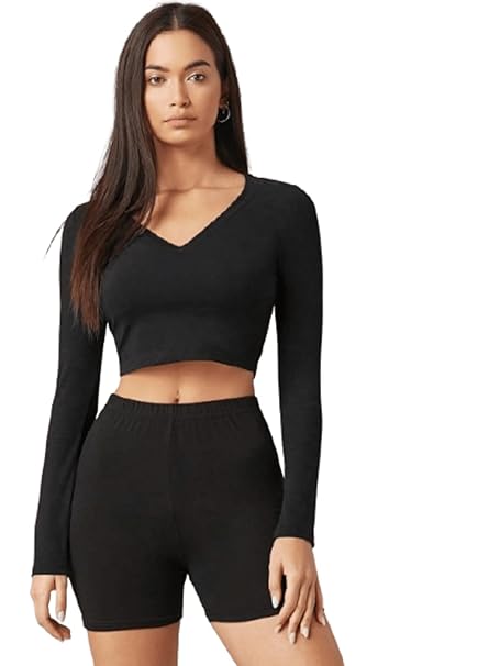 Aahwan Women's Black Cotton Blend Slim Fit Basic V-Neck Long Sleeve Cropped Solid Casual Top