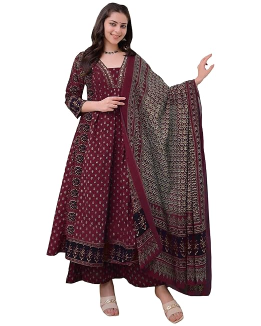 ANNI Designer Women's Pure Cotton Anarkali Kurta Set for Women with Dupatta & Plazzo – Hand Block Print Suit Set | Stylish Dress | Cotton Kurta Set for Women