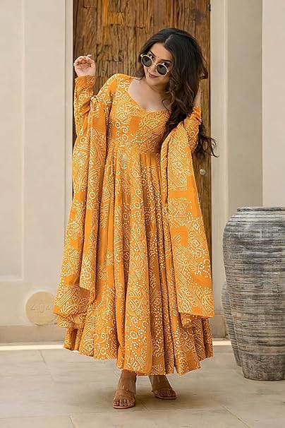Pinkmint Women's Bandhani Print Flared Anarkali Muslin Kurta Set with Pant & Stylish Dupatta Ethnic Long Sleeve Dress Suit Set|Regular Fit