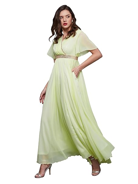 Miss Chase Women's V-Neck Flared/Bell Sleeves Fit & Flare Maxi Dress