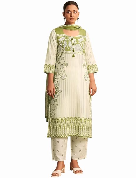 Pinkmint Women's Printed Kurta Pant with Chanderi Dupatta | Cotton Blend Straight Kurta Set | Ethnic Wear