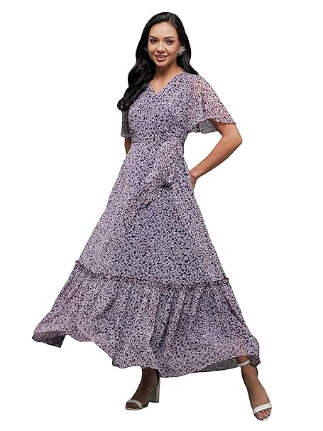 Miss Chase Women’s Floral V-Neck Flutter Sleeve Wrap Chiffon Maxi Dress