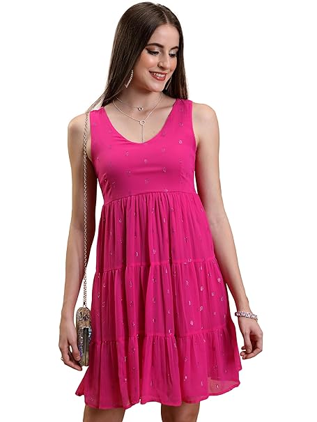Tokyo Talkies Women's Dresses for Women | Self Design | Tiered | Sleeveless | V-Neck | Shirt Dress