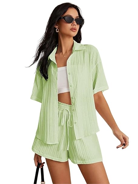 Leriya Fashion Co-ord Set for Women Stylish Solid Poly Lycra Cotton | Textured Pyjama Set For Woman Travel Beach & Holiday Look | Oversized Loose Fit Trendy Top & Shorts for Summer Day Vacation