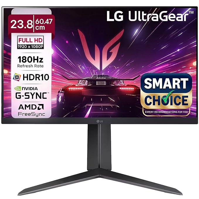 LG 24GS65F Smartchoice 60.47cm (23.8Inch) Ultragear FHD (1920x1080) IPS Gaming Monitor, 180Hz, 1ms, NVIDIA G-SYNC Compatible, AMD FreeSync, DP, HDMI, Tilt/Height/Pivot Adjustable, Anti-Glare (Black)