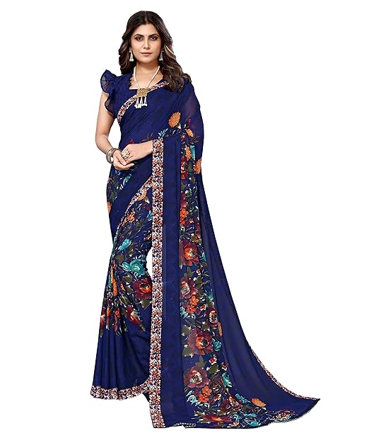 Yashika Women's Georgette Printed Saree with Blouse Piece (Power Blue) Blue03