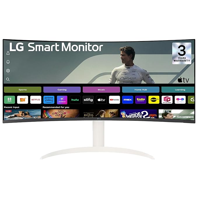LG 34SR65QC 86.42cm (34 Inch) Smart Curved (1800R) WQHD (3440x1440) Monitor, HDR10, sRGB 99%(Typ.), HDMI X 2, Built-in Speaker, Height/Tilt Adjustment, webOS, AirPlay2, Wi-Fi, Bluetooth, USB (White)