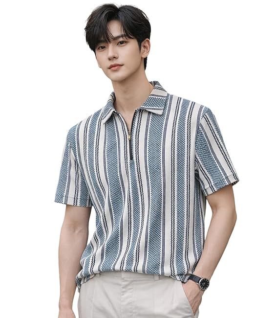 London Hills Men’s Loose Fit Half Sleeve Vertical Striped Polo T-Shirt with Zip Collar | Premium Polyester Fabric | T Shirt for Man | Tshirt | Shirts Men | Tshirt for Man | Men T-Shirts