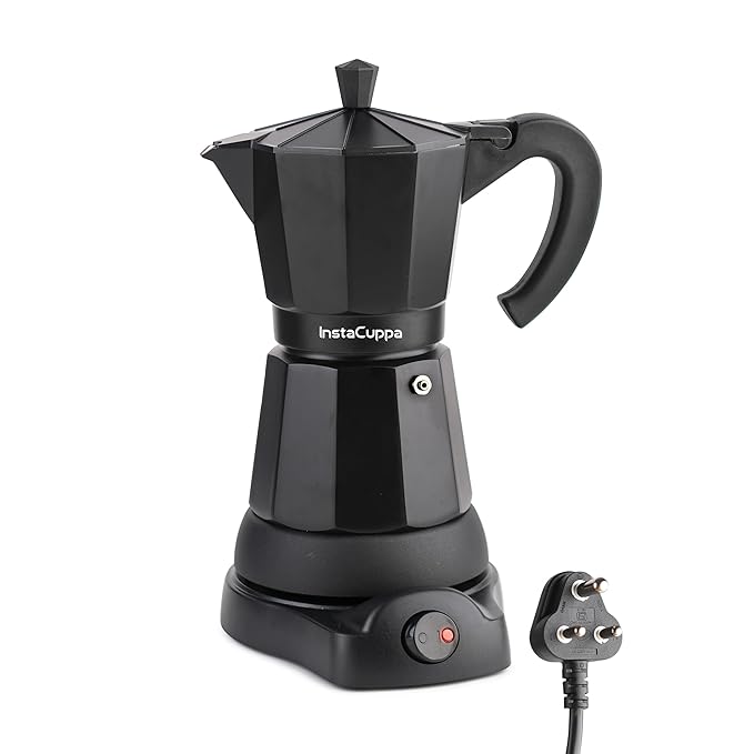 InstaCuppa Electric Moka Pot Coffee Maker, One-button Auto Espresso Machine 300ml, Safe Auto-Shutoff, Perfect for Busy Indian Moms, 6 Cups Capacity, Black