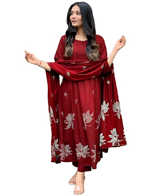 GoSriKi Women's Rayon Blend Anarkali Printed Kurta with Pant & Dupatta | Ethnic Kurta Pant Dupatta Set for Women | Traditional Indian Wear Outfit