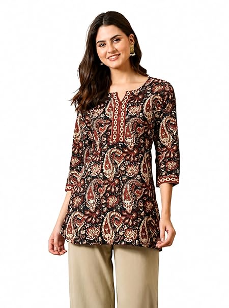 Amazon Brand - Tavasya Women Floral Printed Short Kurti | Round Neck with Slit Stylish Kurta | 3/4th Sleeve Modern Top | Regular Fit