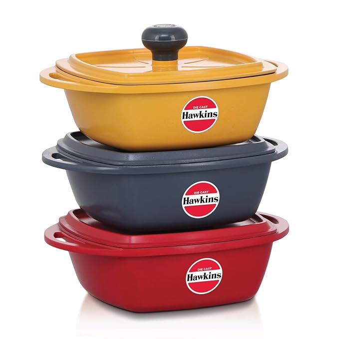 Hawkins Kitchen Gift Pack 2023 (23DGP) 3 Pieces Set of Die-Cast Square Mini Casseroles for Cooking, Reheating, Serving and Storing, Red, Yellow, Grey, 2.25 litre