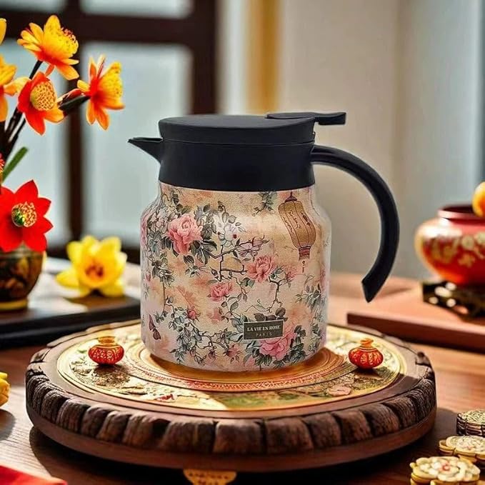 HOMERO Vintage Floral Stainless Steel Teapot with Infuser 800ml | Insulated Thermal Tea Pot with One-Hand Pour Button | Heat Retention Tea Carafe | Elegant Tea Kettle for Home, Office & Tea Lovers