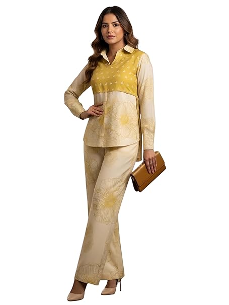 Leriya Fashion Co Ord Set for Women Stylish | 3 Piece Kurti Set for Women | Dress for Woman | Printed Co-Ord Set with Collar Neck | Kurta Sets for Woman | Summer Full Sleeve Top Pant Outfits