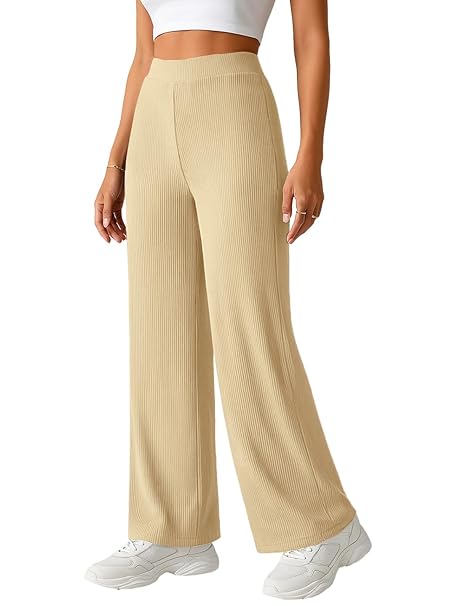 Pinkmint Women High Waist Ribbed Wide Leg Trousers | Stretchable Palazzo Pants | Gym Yoga Workout Sports Activewear | Casual Lounge Travel Office Elastic Waist Flared Pants