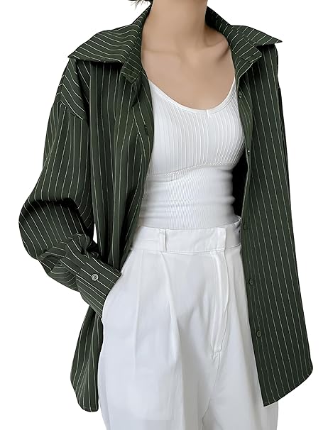 GRECIILOOKS Striped Shirt for Women | Korean Style Full Sleeve Oversized Button Down Shirts | Tops for Women | Shirt for Woman | Plus Size Top for Office & Casual Outfit