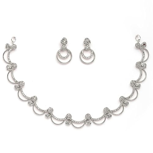 ZENEME Charming Rose Shaped White American Diamond Studded Necklace With Earrings Jewellery Set For Women & Girls