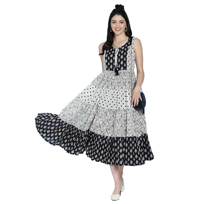 BIBA Women A-Line Knee-Length Cotton Fusion Wear Dress
