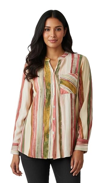 Gufrina Women's Cotton Shirt with Mandarin Collar Neck Full Puff Sleeves Striped Pattern Regular Fit and Standard Length