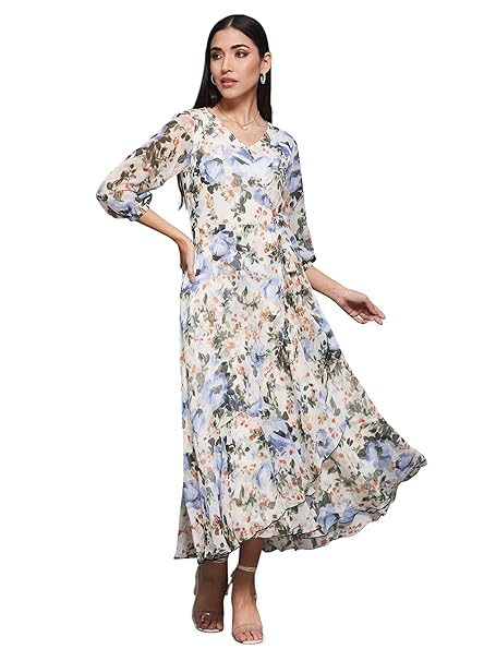 Miss Chase Women’s V-Neck 3/4 Sleeve Wrap Midi Chiffon Dress