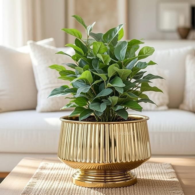 BEHOMA Golden Fluted Pedestal Bowl Planter for Home, Office Décor, Modern Tabletop Planter, Decorative Bowl for Flowers | Elegant Metal Design | Size Height- 6" x Dia. 9" inch (Plants Not Included)