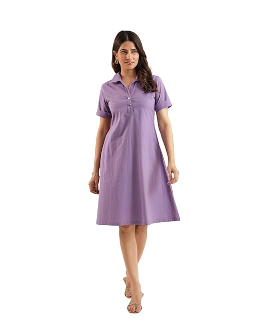 Amazon Brand - INKAST Women Wide Collared Solid A -line Bottuned Mini Dress with Pockets | Summer Outfits | 100% Cotton | Casual Wear | One Piece