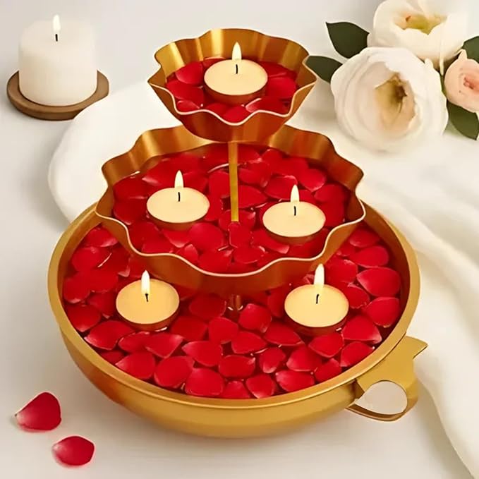 CraftVatika Urli Bowl for Home Decor Flower Decoration Bowl Diwali Decor Items, Urali Ganesh Chaturthi Navratri Pooja Onam Deepawali Decoration, Floating Diya Stand Tealight Candles 3 Layer Urli Bowl