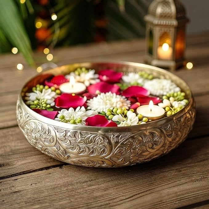 BEHOMA Golden Aluminium Chitai Design 10" inch Urli | Navratri Durga Puja Indoor Outdoor Center Table Flower Decorative Bowl | Urali for Haldi, Mehandi, Wedding & Home Decor, Brass Finish 1Pc, 2000 ml