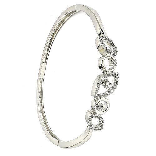 ZENEME Rhodium Plated Silver Toned American Diamond Studded Grace Line Kada Bracelet For Women