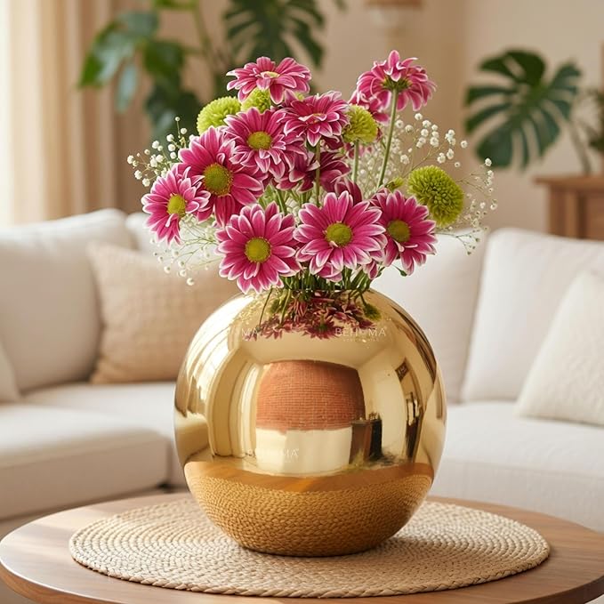 BEHOMA Metal Ball Round Metal Vase for Home Décor | Table Decorative Flower Pot for Valentine’s Day | Perfect Couple Gift for Wedding, Anniversary, Birthday | Gold, (Medium) (Flower Not Included)