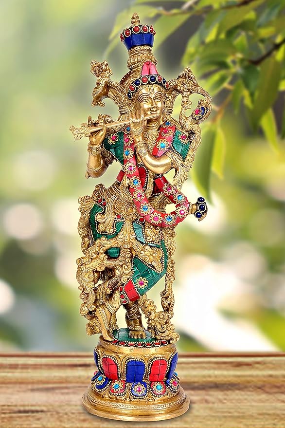AONA Brass Lord Krishna Idol Statue Krishna Sculpture Decorative Showpiece for Home Office Decor Multicolou | Height 15 Inches, Religious