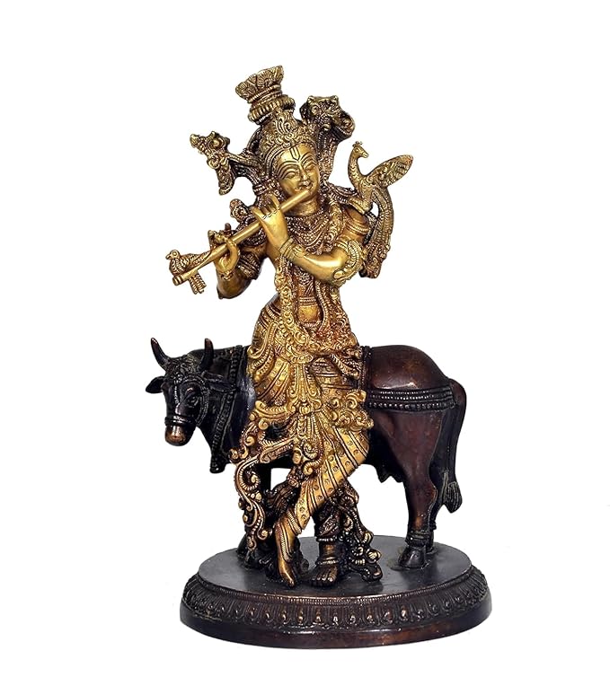 AONA Brass Shri Krishna Idol Murti with Cow Statue Idol Murti, Height : 10 inch