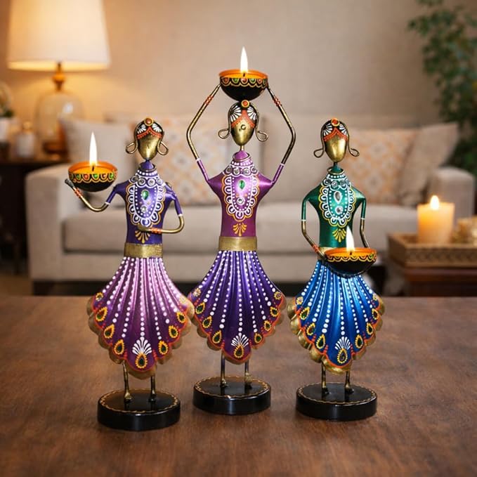 CraftVatika Home Decoration Items for Living Room, Aesthetic Home Decor, Rajasthani Lady Tealight Candle Holder Showpiece for Living Room Tabletop Housewarming Wedding for Man Women