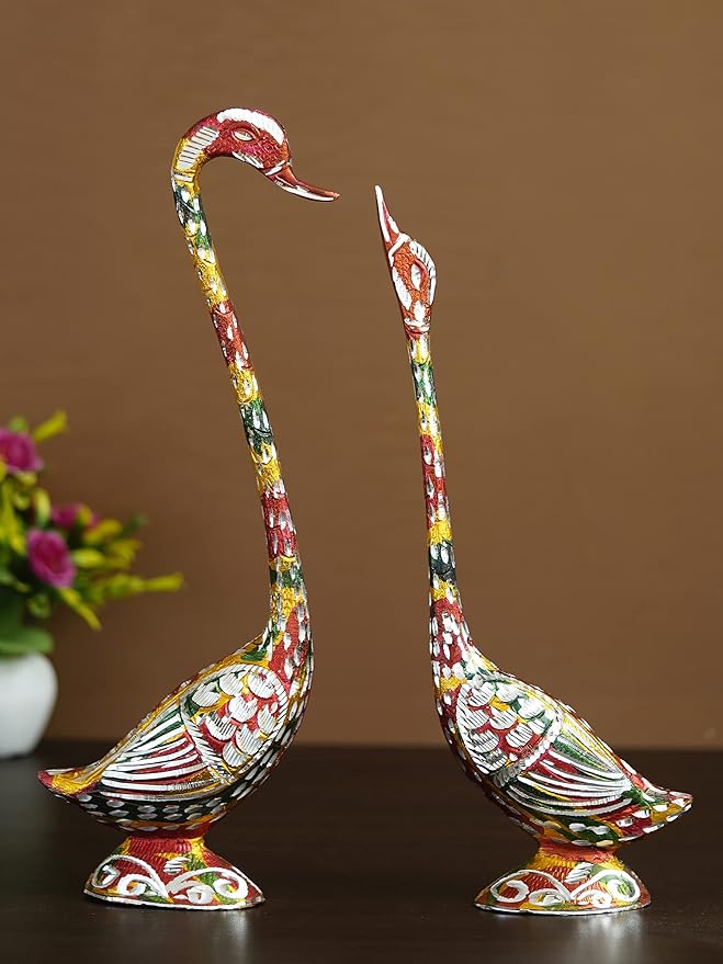 eCraftIndia Colorful Metal Handcrafted Kissing Swan Couple Statues Love Birds Figurines Decorative Showpieces - Home Decor for Living Room, Bedroom - Gift for Couples, Valentine's Day, Anniversary