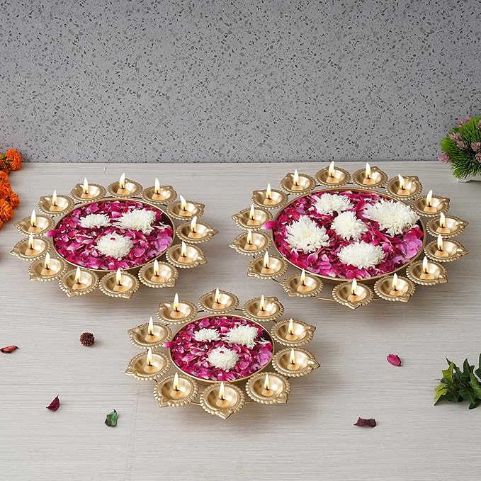 eCraftIndia Set of 3 Golden Metal Handcrafted Decorative Urlis with Diyas | Urli Set for Home Decor | Urli Bowl for Floating Flowers | Diwali Decoration Items for Home Decor| Housewarming Diwali Gift